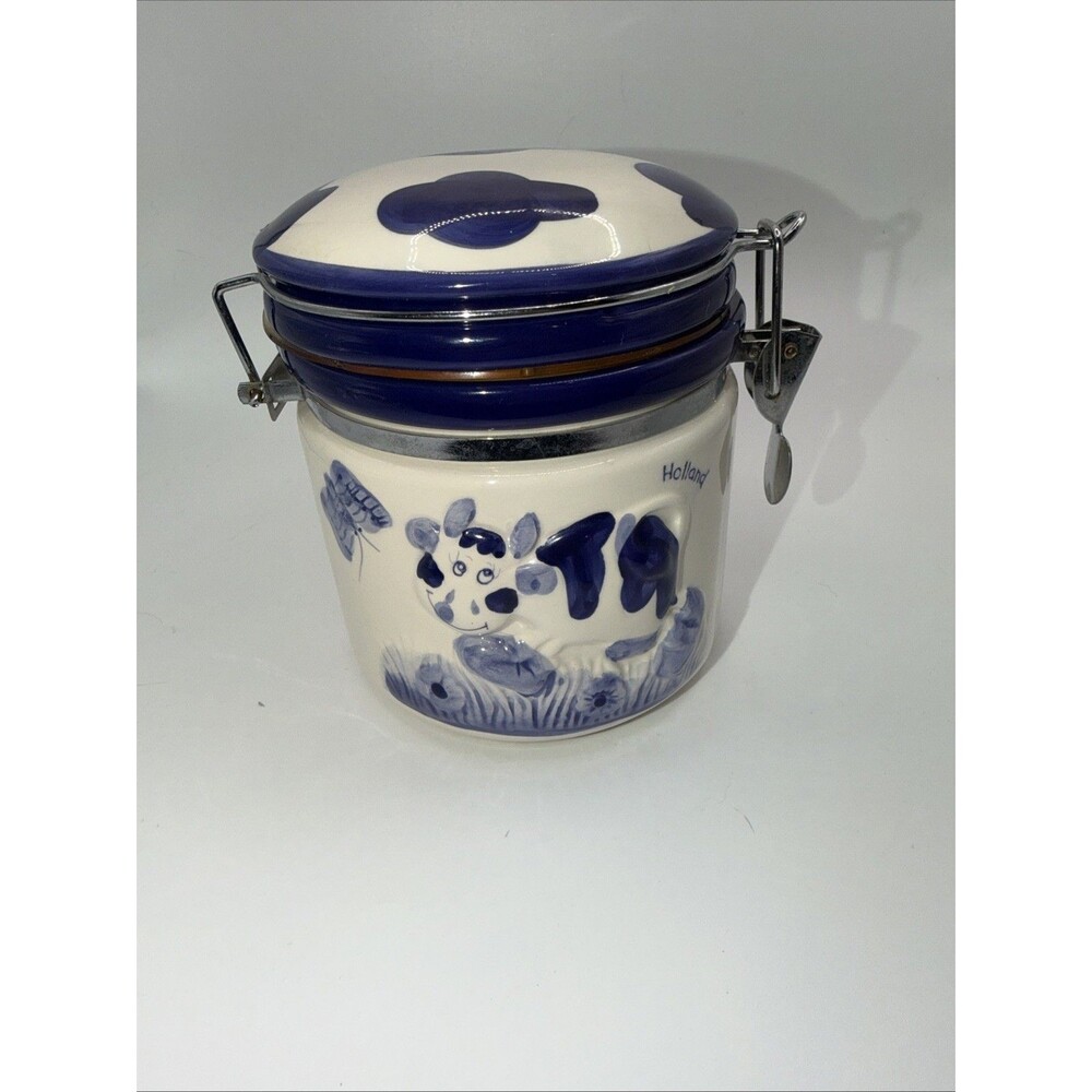 Rare Delfts Blue Holland Cottagecore Cow Locking Canister Adorable Hand Painted